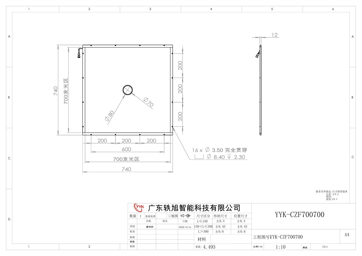 YYK-CZF700700 侧部中孔面光源 尺寸图